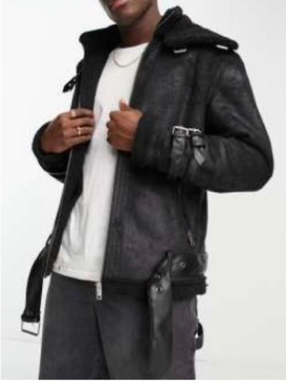ASOS ADPT Faux Shearling Aviator Jacket in Black